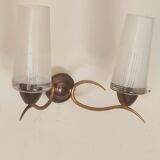 Two-light wall sconce in gilded metal with opaque glass shades, 1950/1960