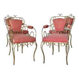 Attribué à René DROUET (1899 - 1993) 4 chaises en fer forgé doré