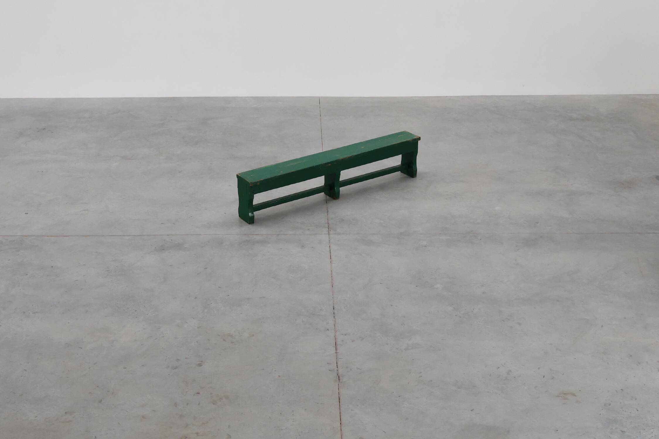 Rustic primitive green farmhouse bench in solid oak, France ca. 1900