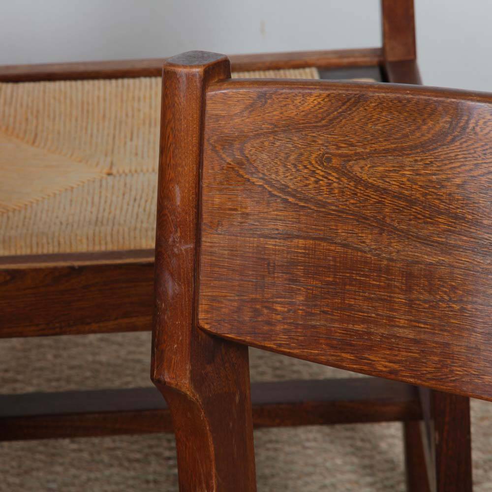 Set of 4 vintage solid wood and straw chairs, 1980