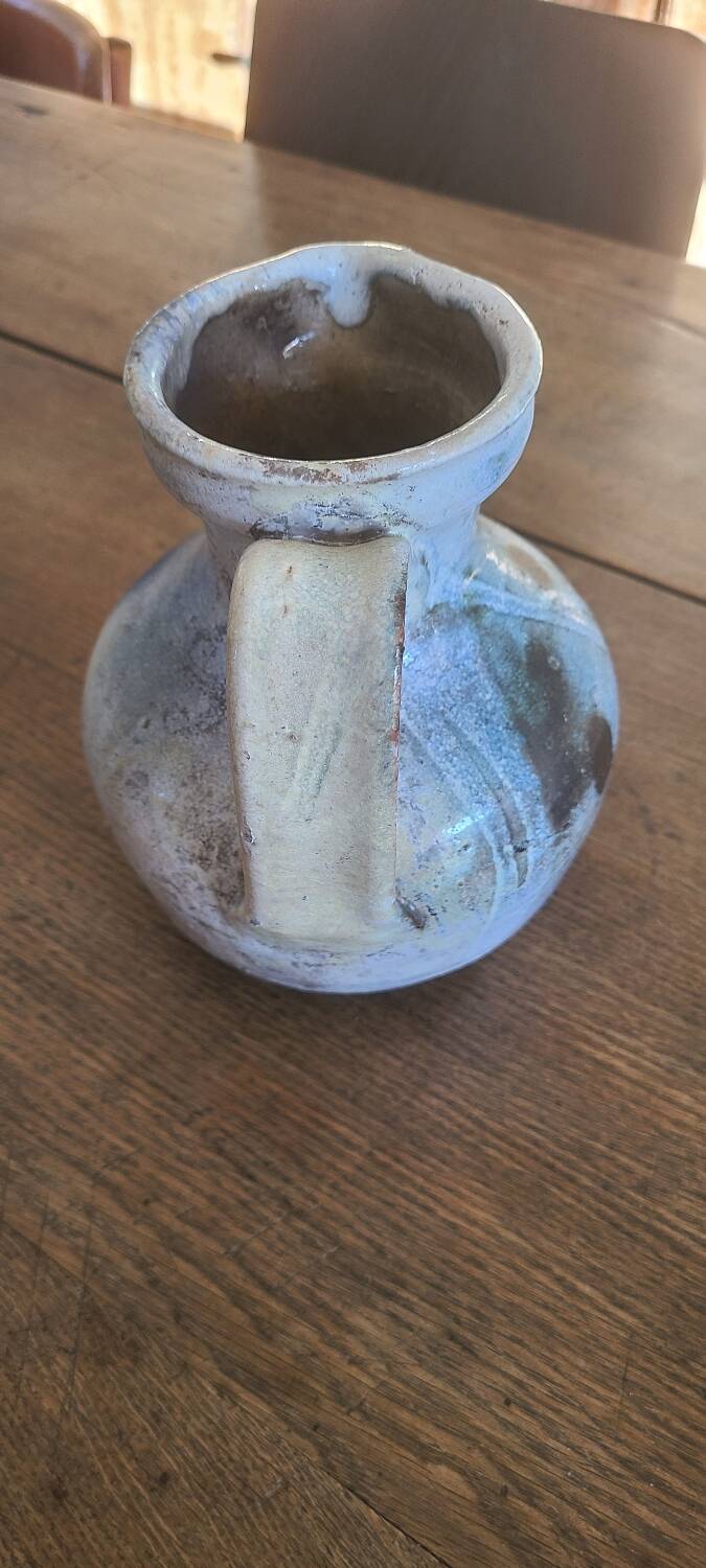 Old bulbous jug pottery vase glazed grey-blue stoneware vintage