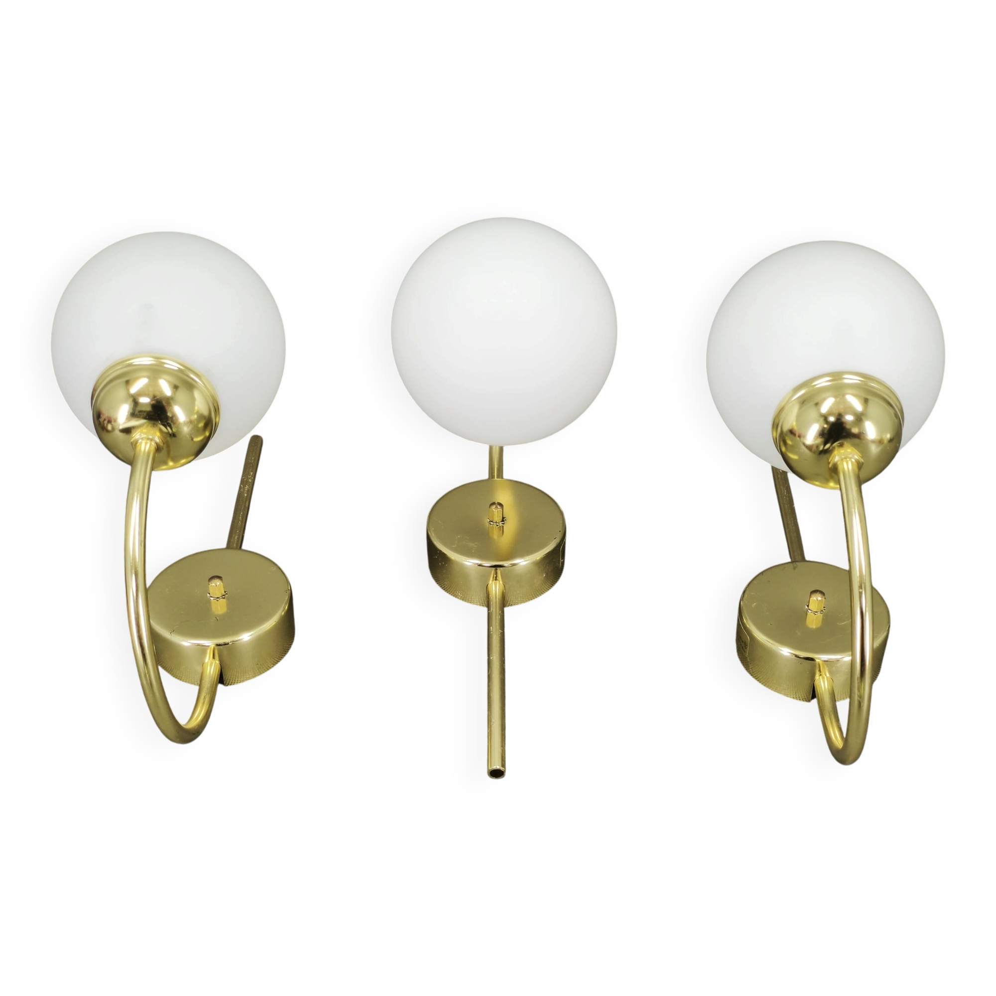 Set of Three Kamenický Šenov Brass and Opaline Glass Wall Lights