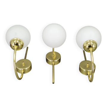 Set of Three Kamenický Šenov Brass and Opaline Glass Wall Lights