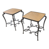 Pair of wrought iron side tables with oak tops, French work