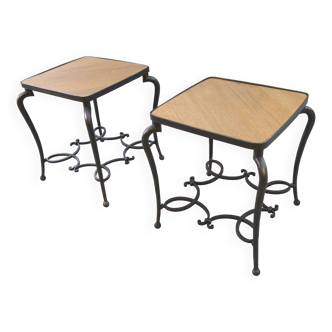 Pair of wrought iron side tables with oak tops, French work