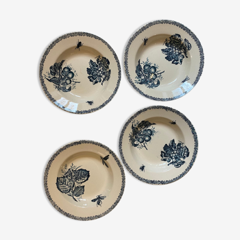 Set of 4 hollow plates, insect and fruit decorations, Manufacture Choisy le Roi, Terre de fer