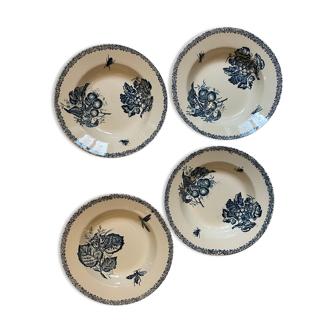 Set of 4 hollow plates, insect and fruit decorations, Manufacture Choisy le Roi, Terre de fer