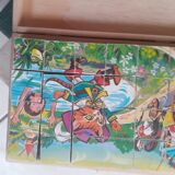 Boite de cubes ancienne, en bois, contes avec modèles