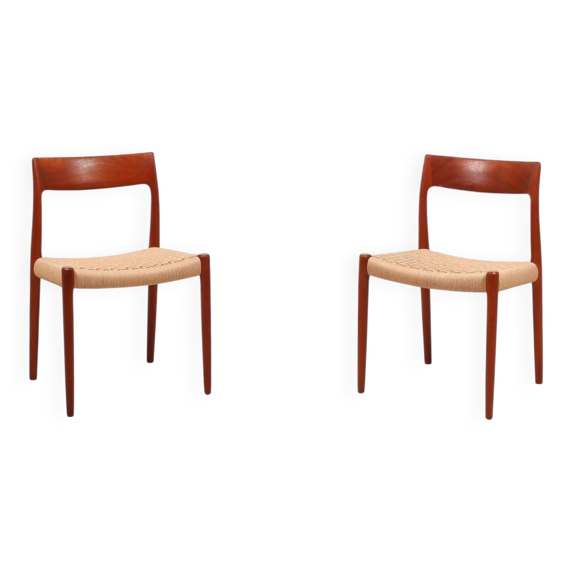 Ensemble de 2 chaises de salle à manger en teck « Modèle 77 » de Niels Moller, avec cordon de papier