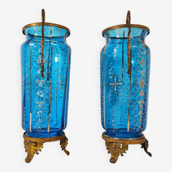Paire de Vases en Cristal Bleu Emaillé / 19ème France / Monture en Bronze Doré
