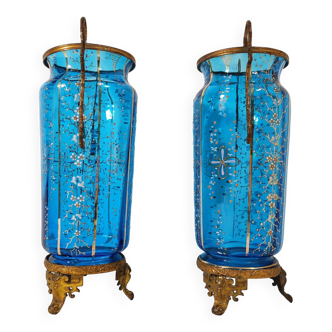 Pair of Enameled Blue Crystal Vases / 19th France / Gilt Bronze Frame