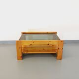 Vintage coffee table in pine and smoked glass from the 70s 80s