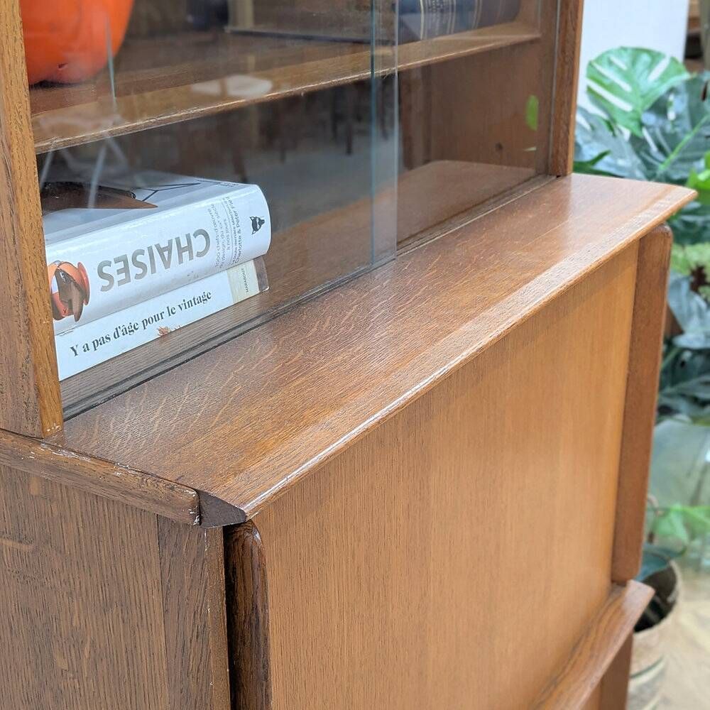 Vintage library by Didier Rozaffy for Oscar, oak and glass, 1950s.