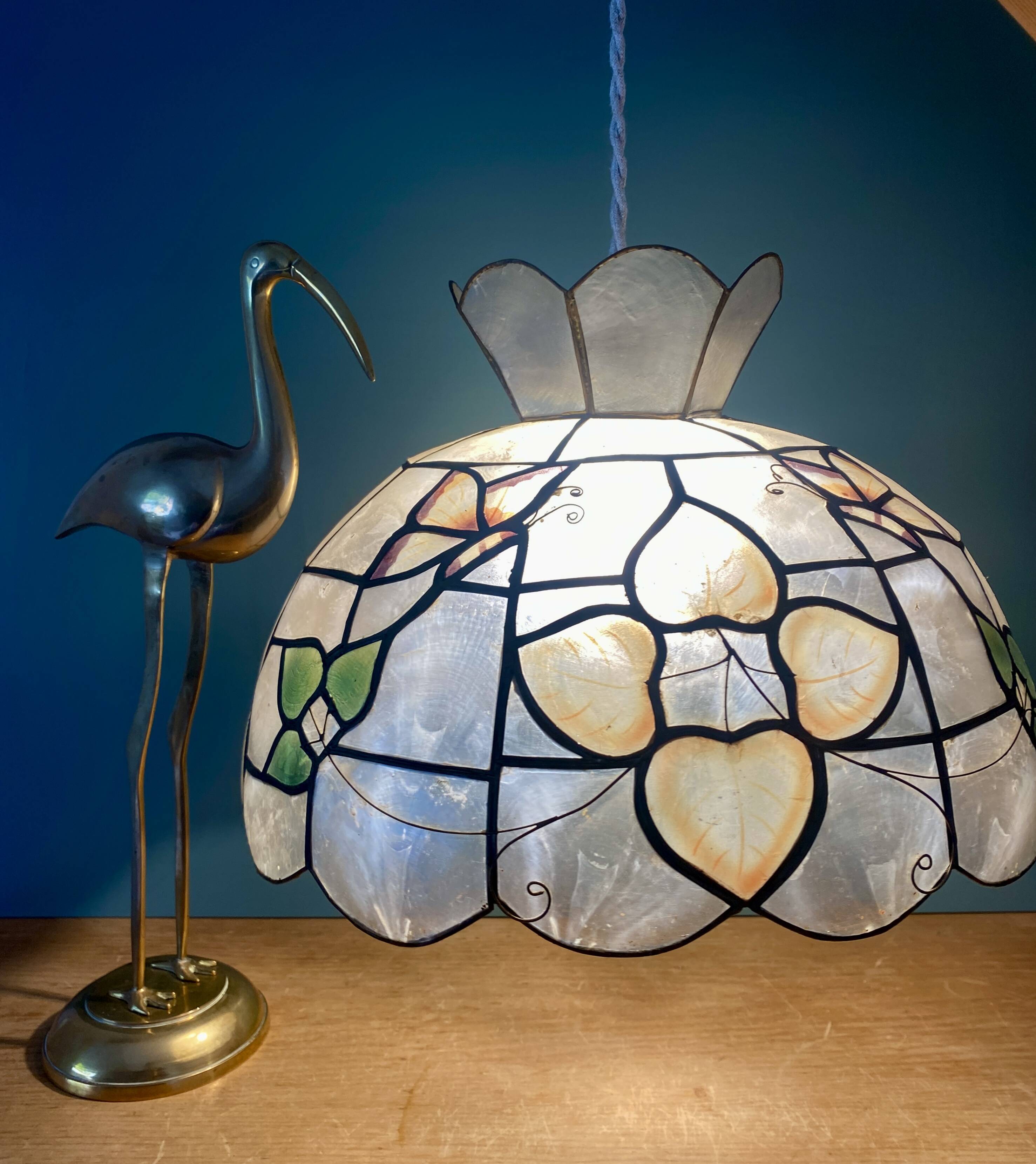 Vintage mother-of-pearl and brass lampshade pendant with flower and butterfly decorations