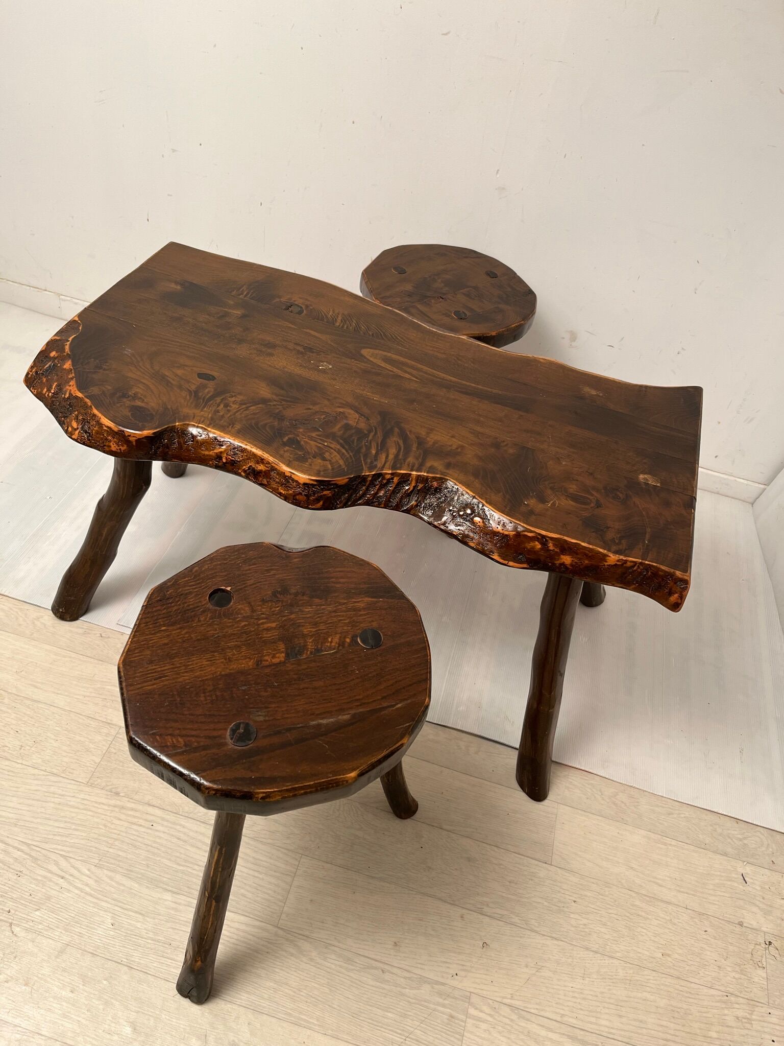 Brutalist vintage coffee table and 2 stools