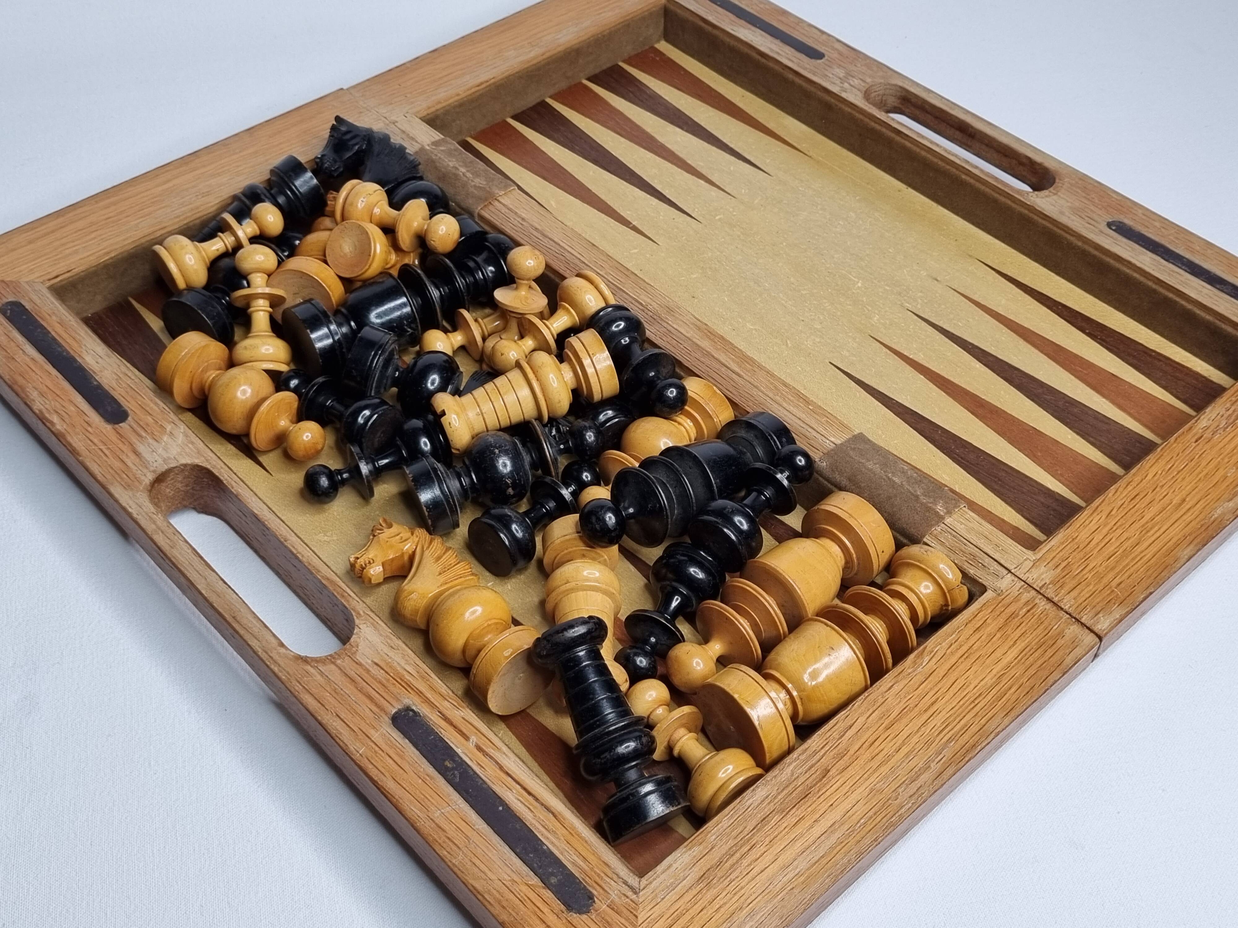 Vintage Solid Wood Folding Chess Set, Regency Bistro Style, Carved Turned Wood Pieces