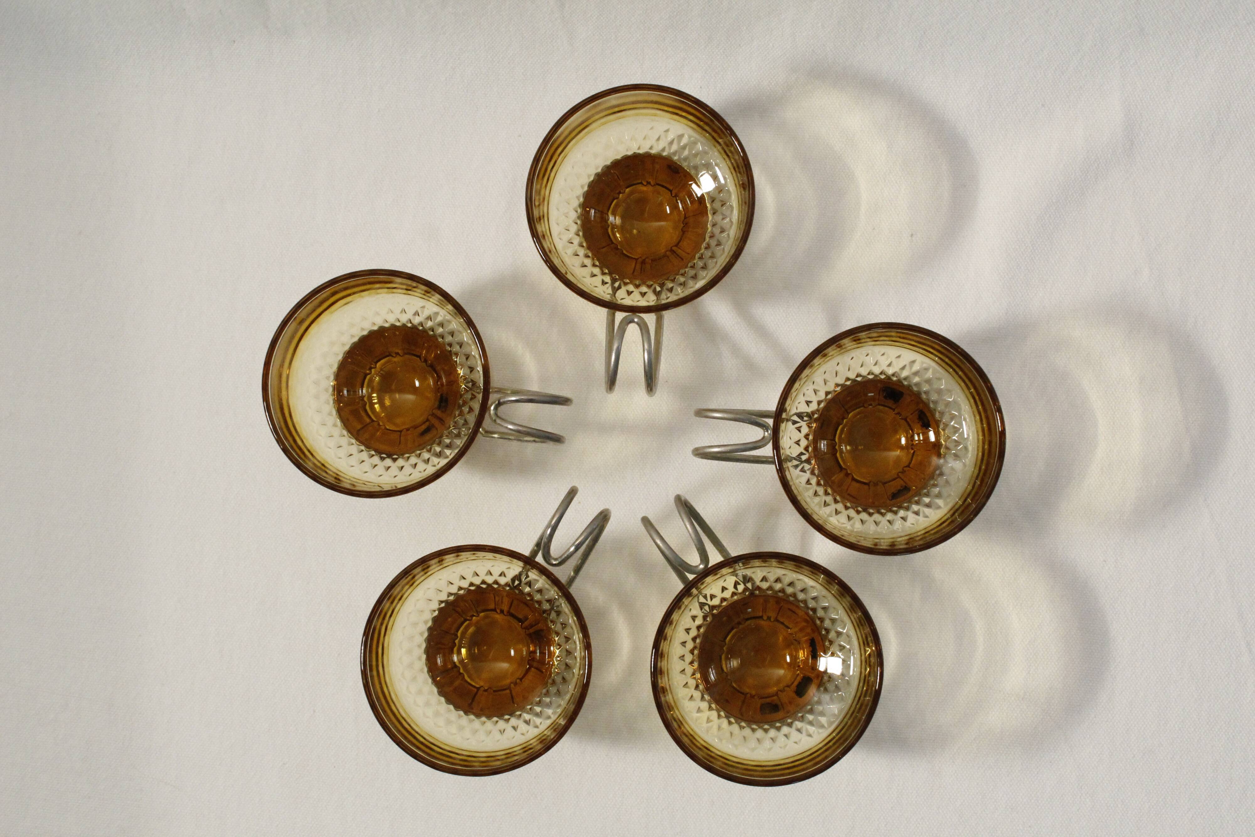 Coffee cups x5 - amber glass and metal handle - Made in Italy