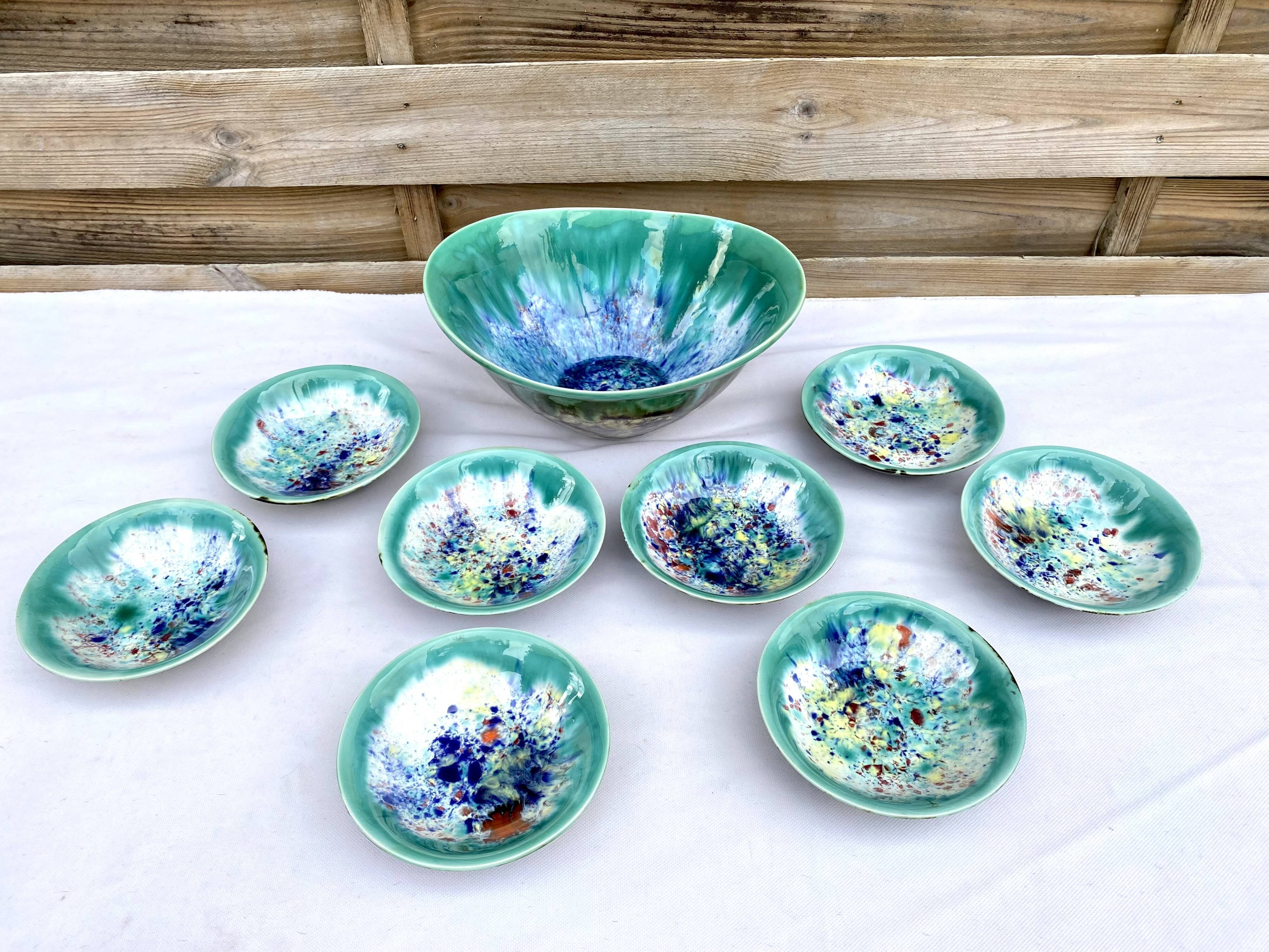 Salad bowl dessert service & 8 ramekins sandstone from the vintage Morvan 70s