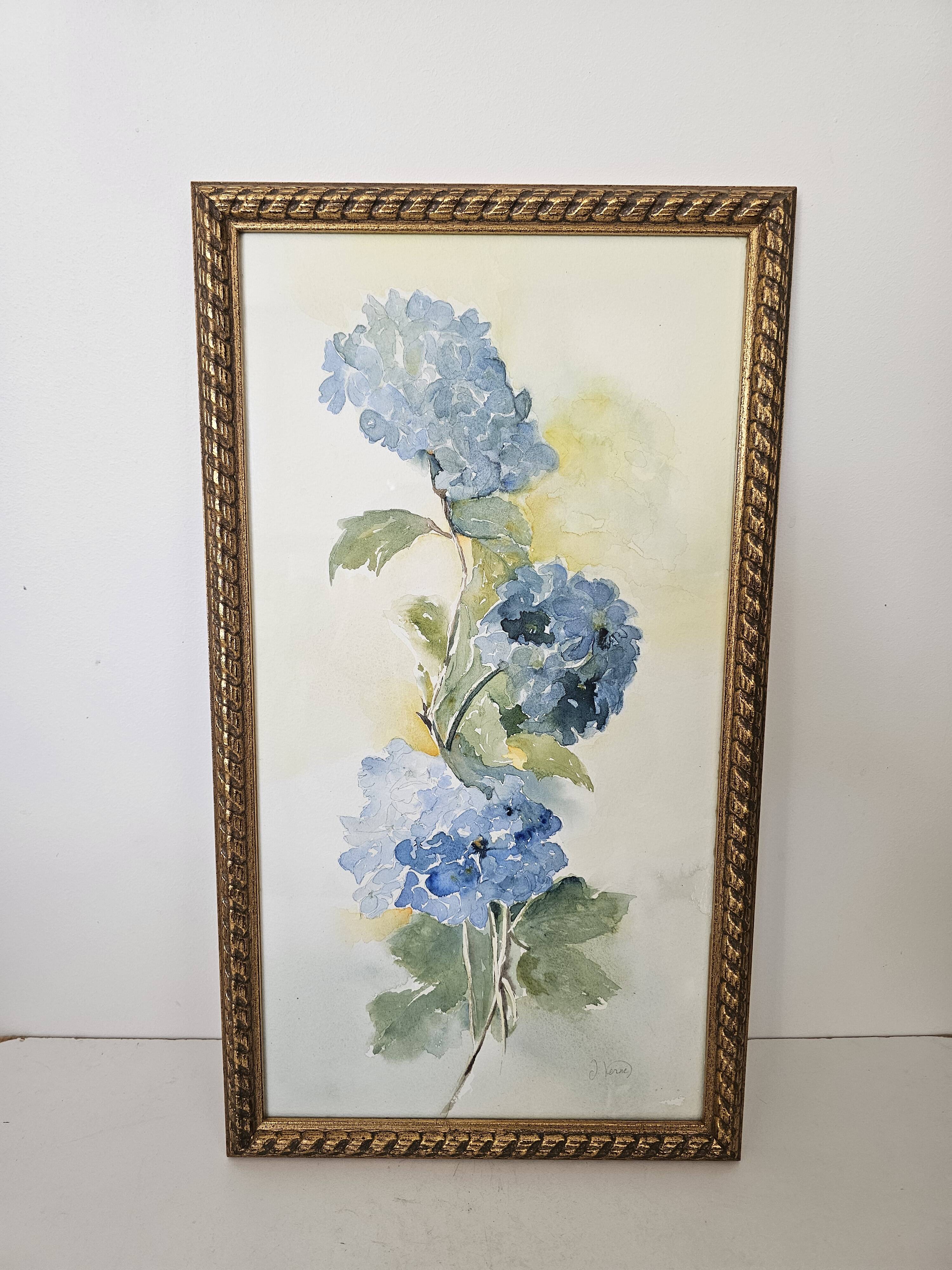 Tableau Aquarelle Fleurs Hortensia Signé J. Verne