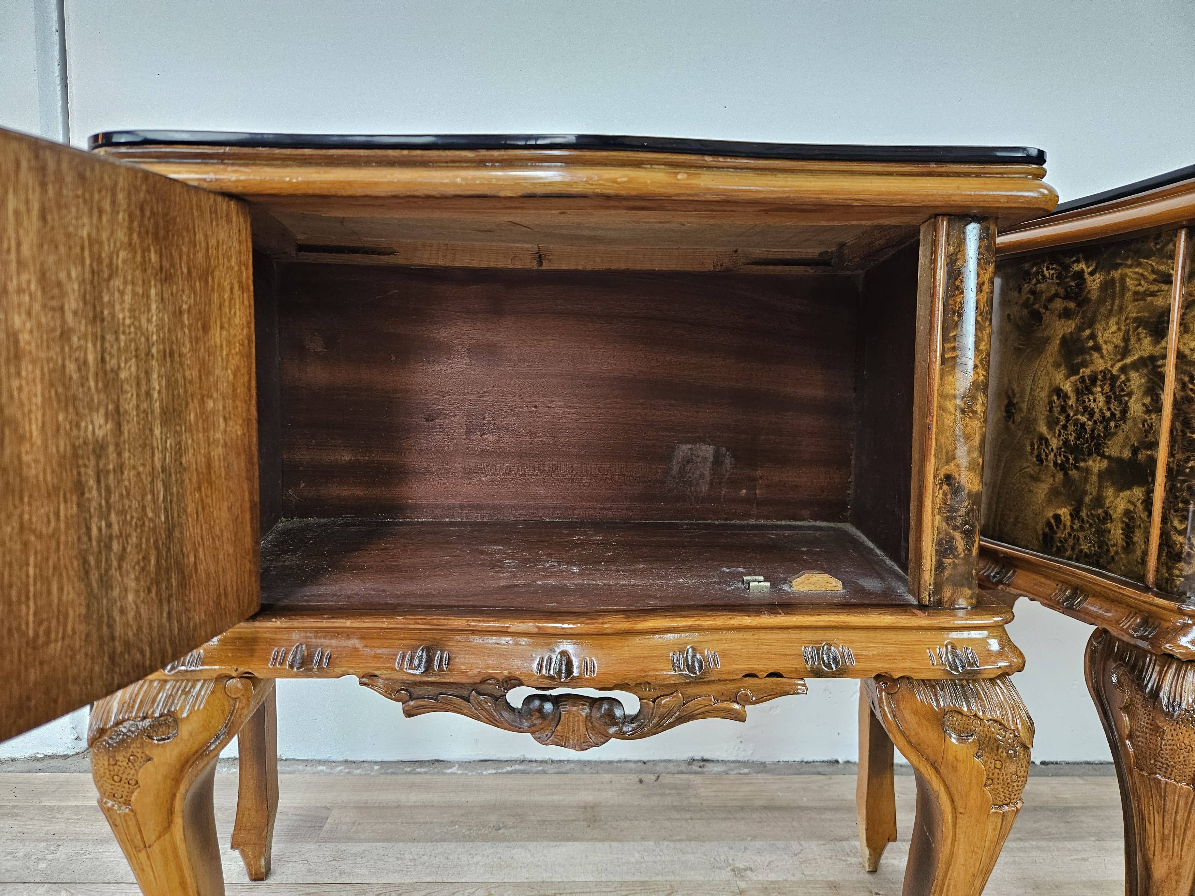 1950s Chippendale bedside tables with black glass