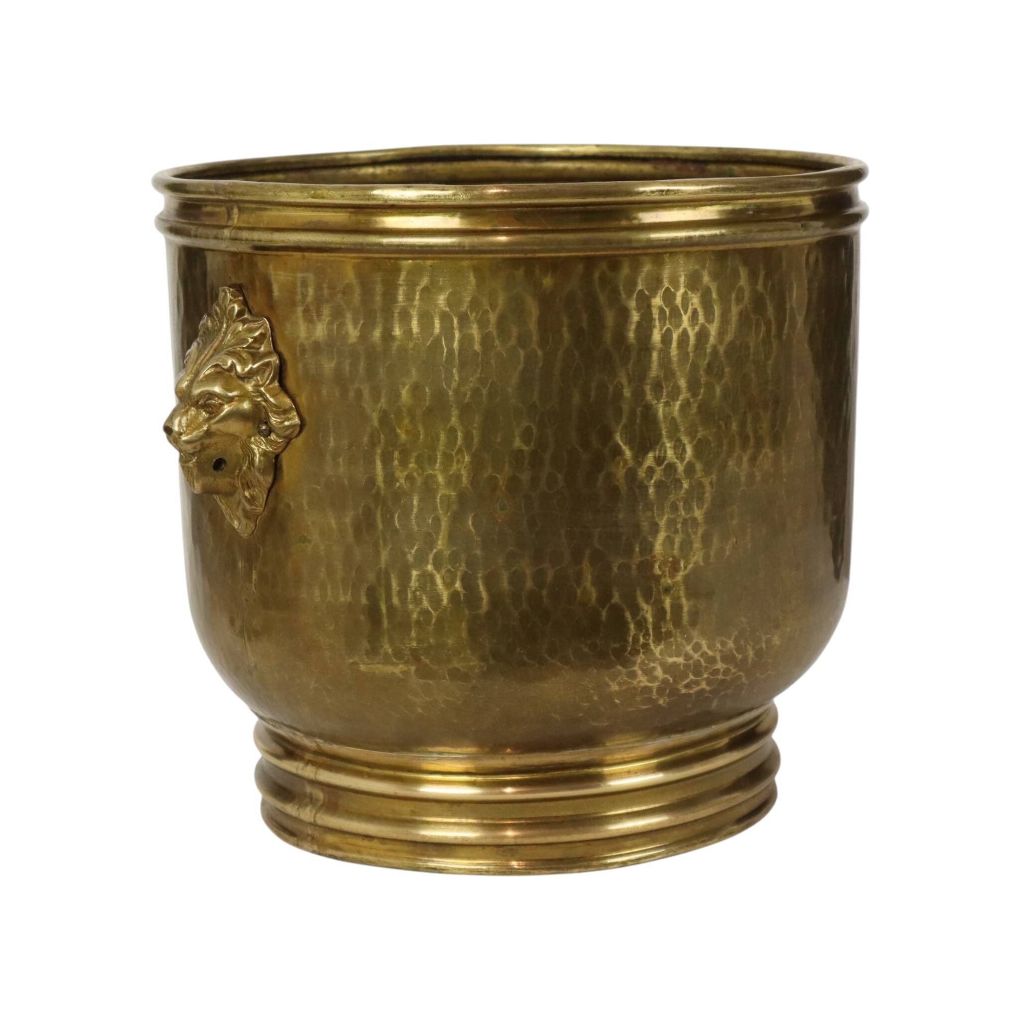 Large Hammered Brass Jardinière/Planter with Lion Heads