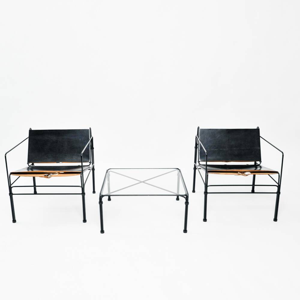 Black modernist design lounge set by Jan van Opzeeland in leather and steel bar, Netherlands, 1980s