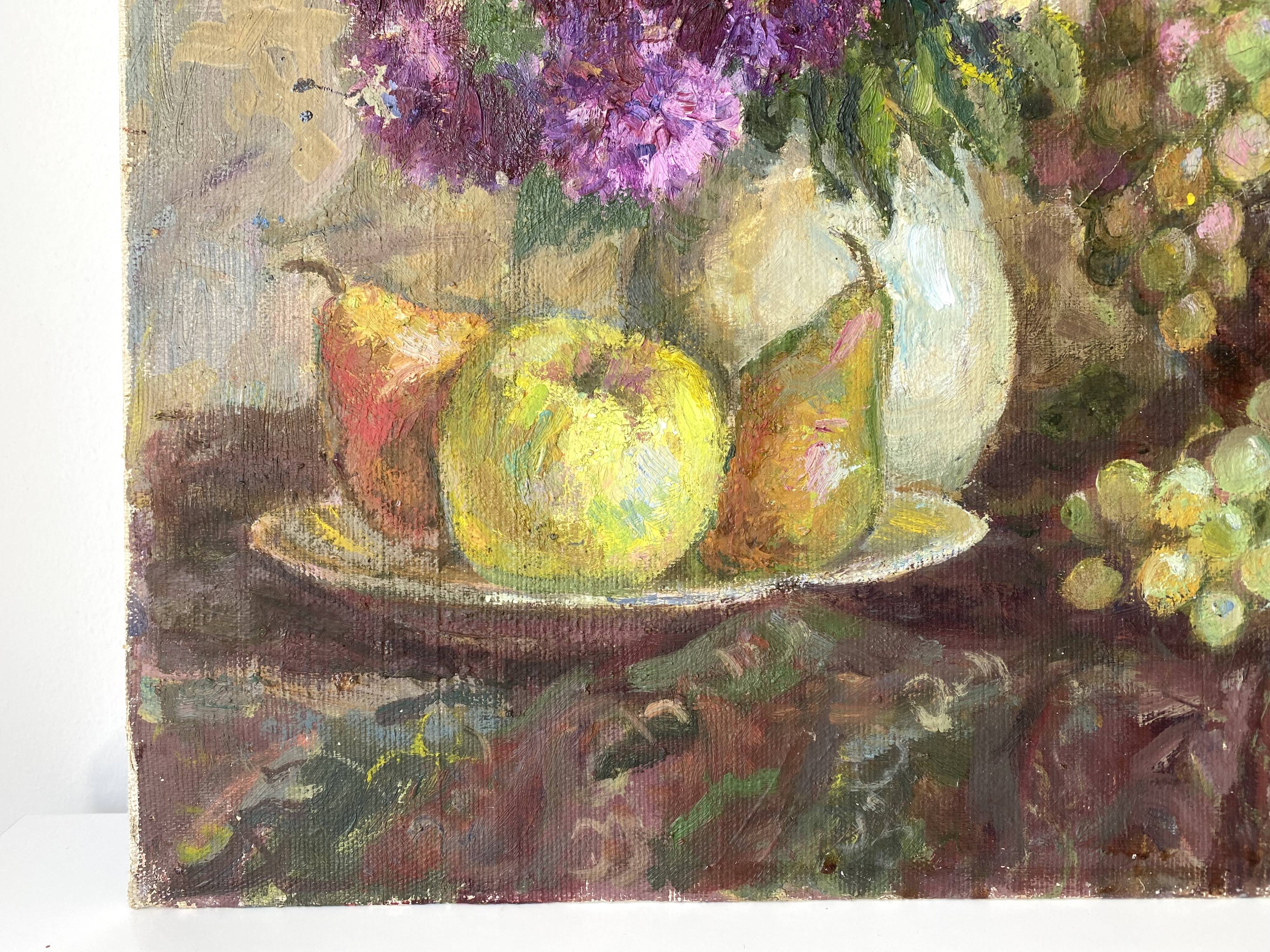 Nature morte à l'huile sur toile signée Gladkaya, peinture de fleurs et fruits années 60