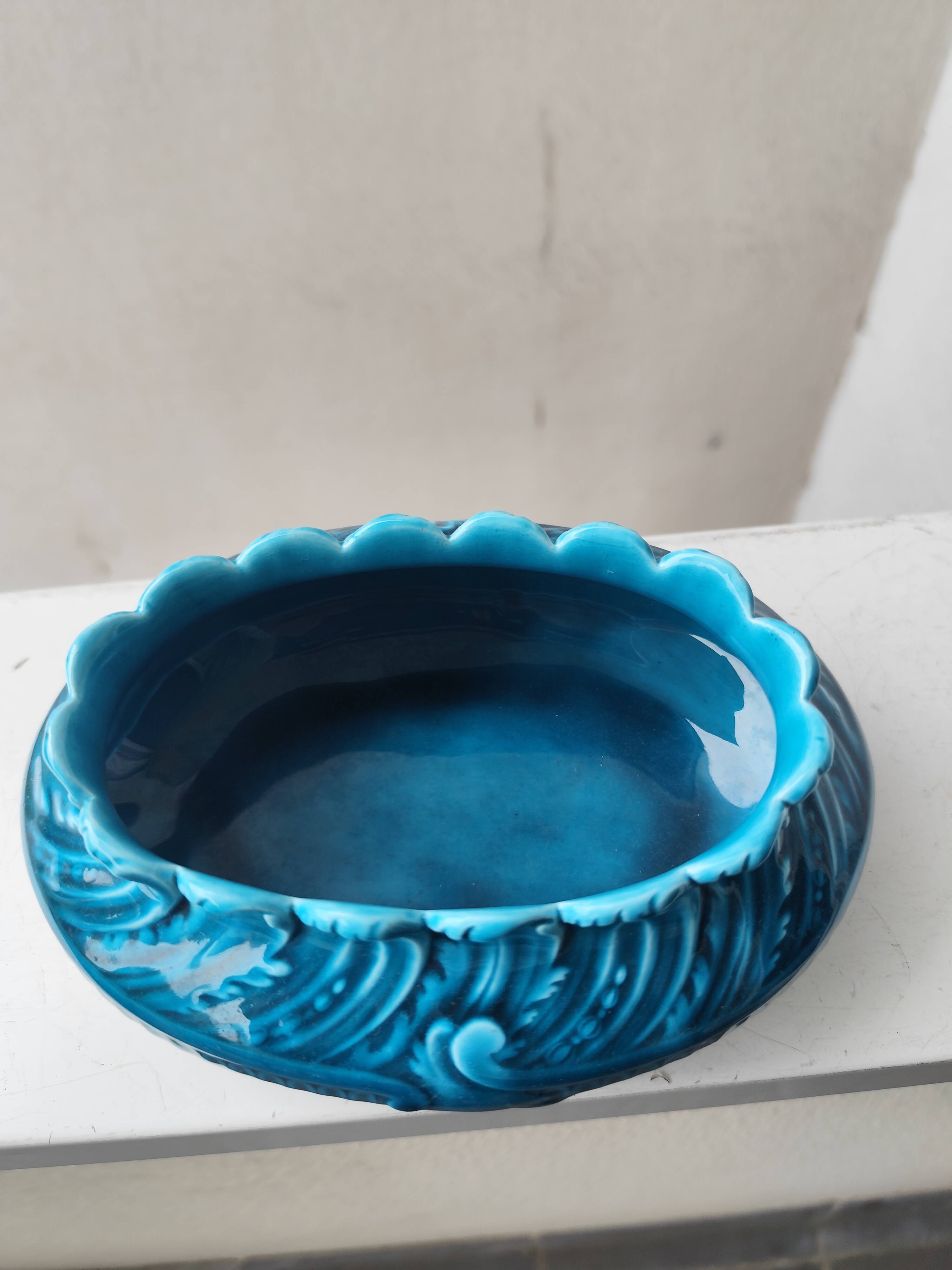Blue glazed ceramic vase and pocket planter by Théodore Deck.