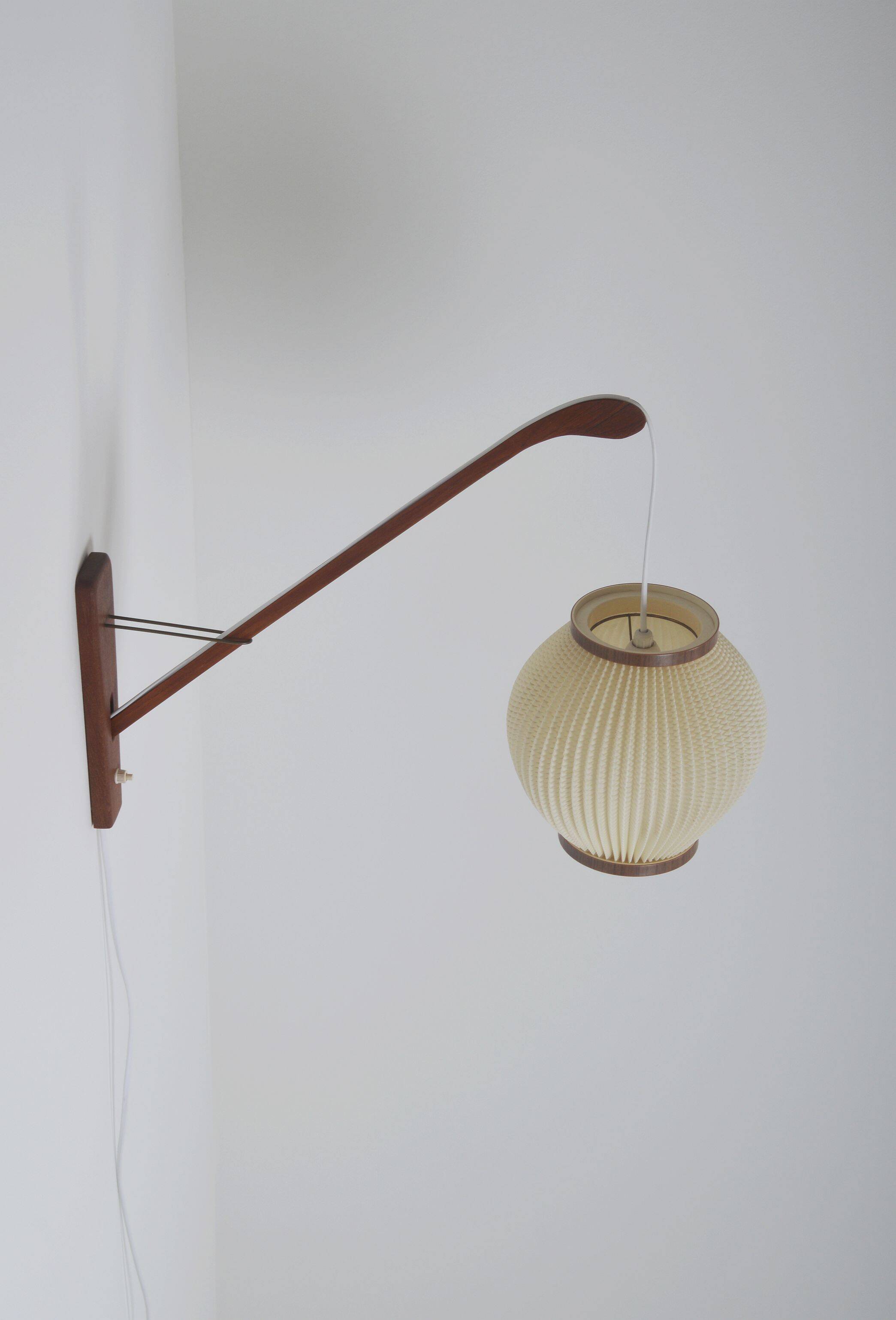 Danish teak wall lamp with pearl shade, 1960s