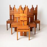 Set of large unique brutalist dining table and 6 chairs in pine, Czechoslov