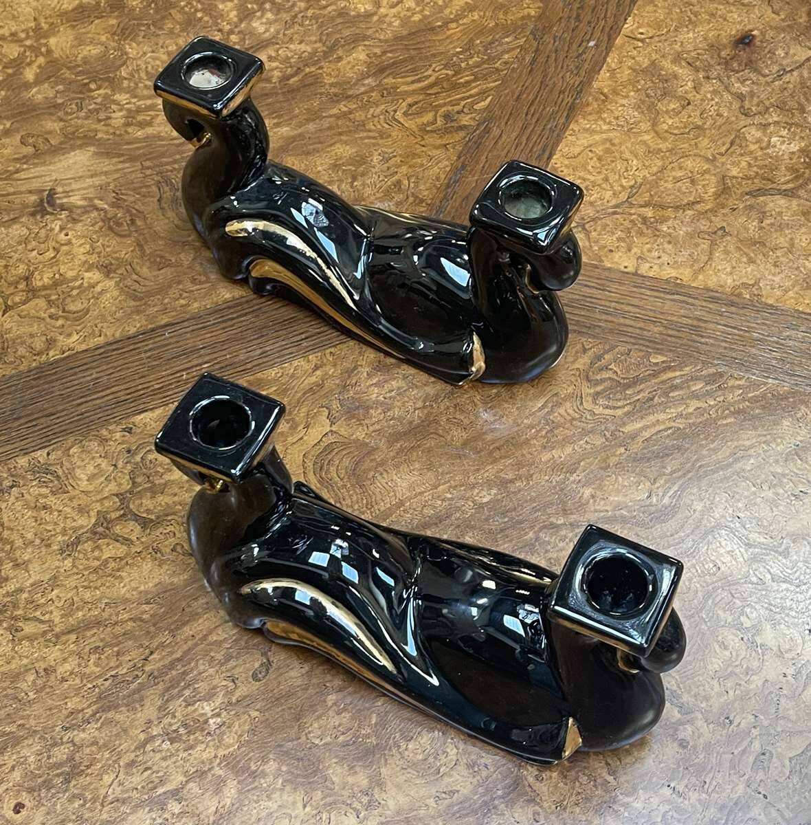Pair of black and gold Vallauris ceramic candlesticks from the 1970s