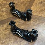 Pair of black and gold Vallauris ceramic candlesticks from the 1970s