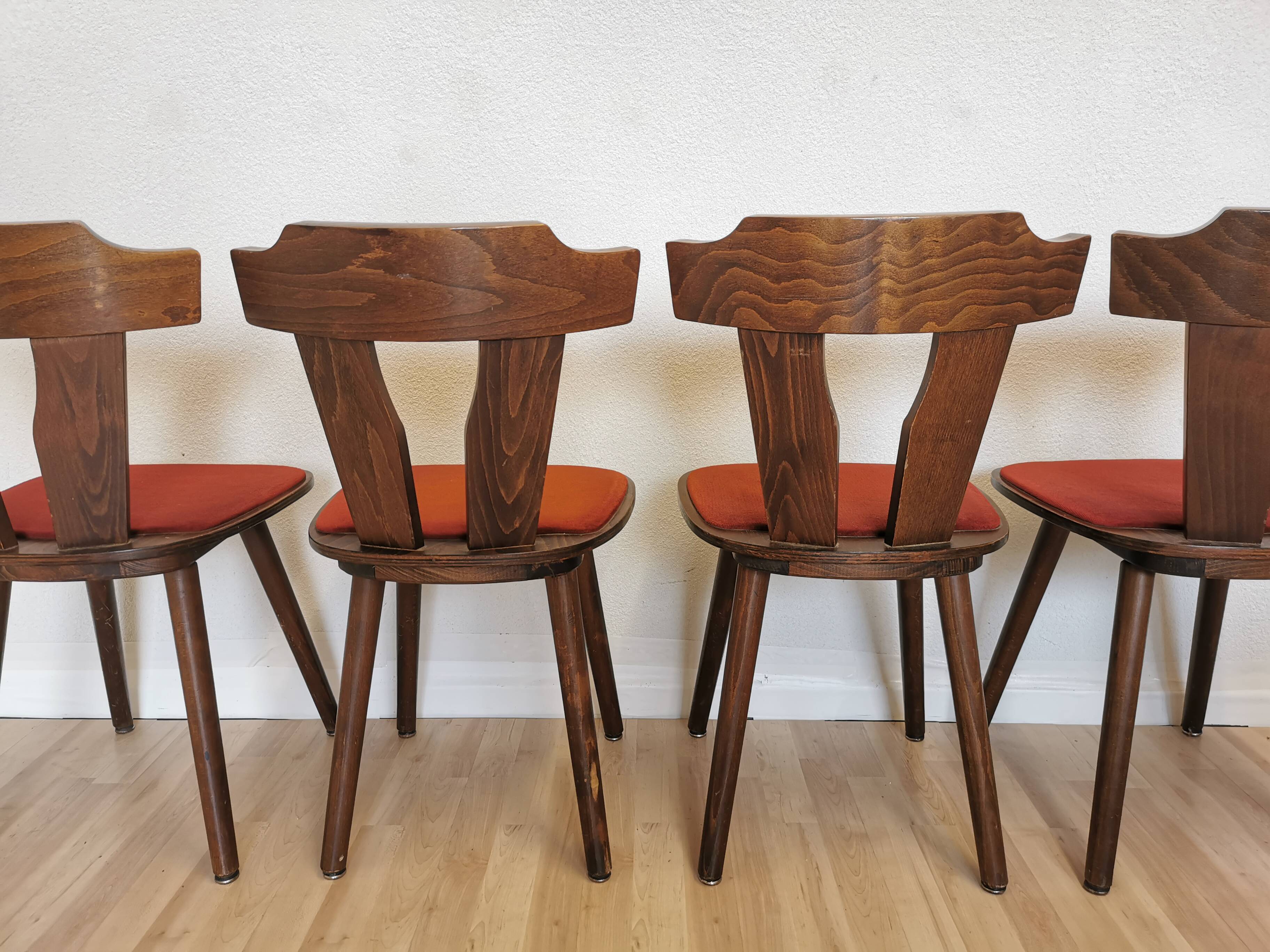 Vintage Tyrolean Dining Chairs: Set of 4, Red Fabric Seat, 1970s