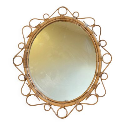 Miroir ovale en rotin des années 50 France