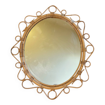 Miroir ovale en rotin des années 50 France
