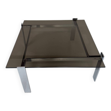 Table basse italienne en verre fumé et acier chromé, années 70