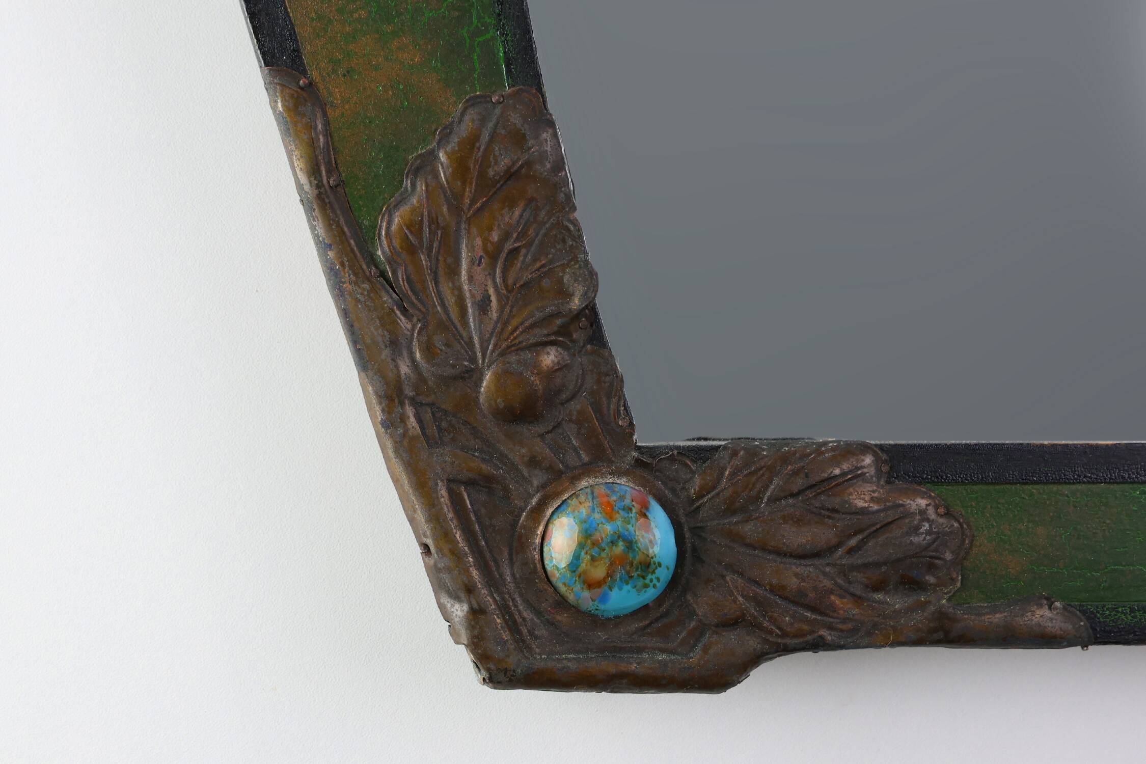 Arts & Crafts Mirror in green metal with glass decoration, France ca. 1905