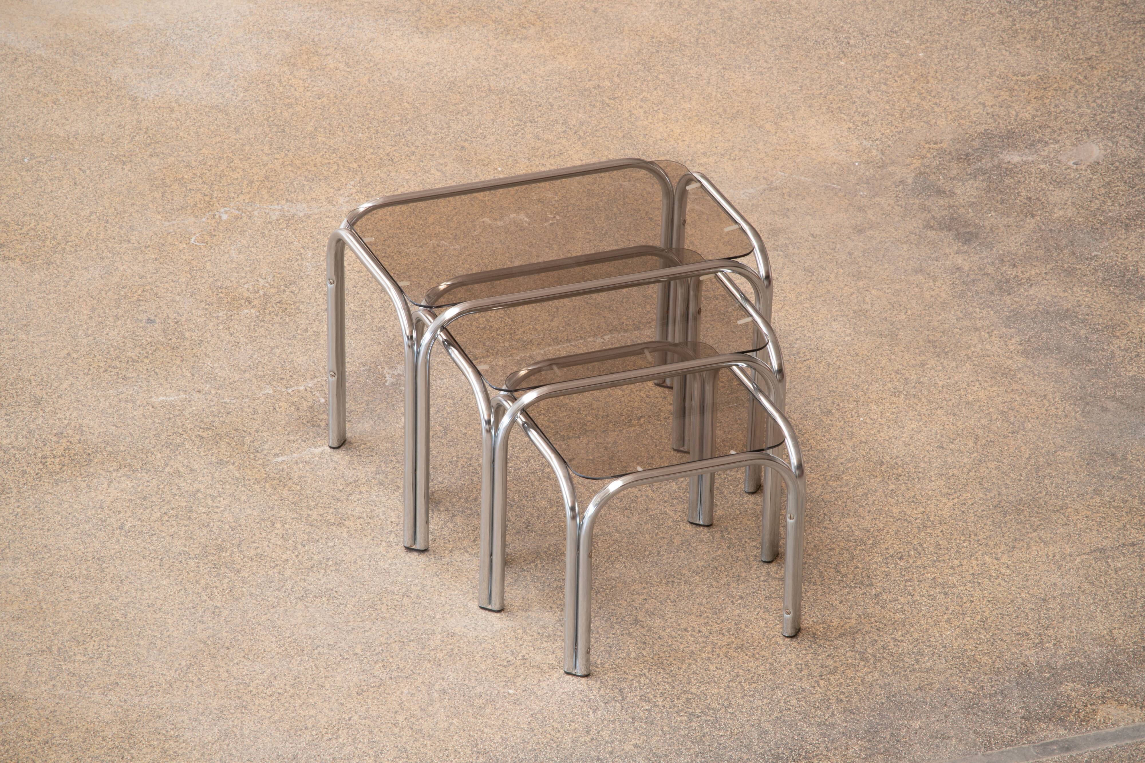 Vintage chrome and glass built-in coffee tables 1970