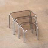 Vintage chrome and glass built-in coffee tables 1970