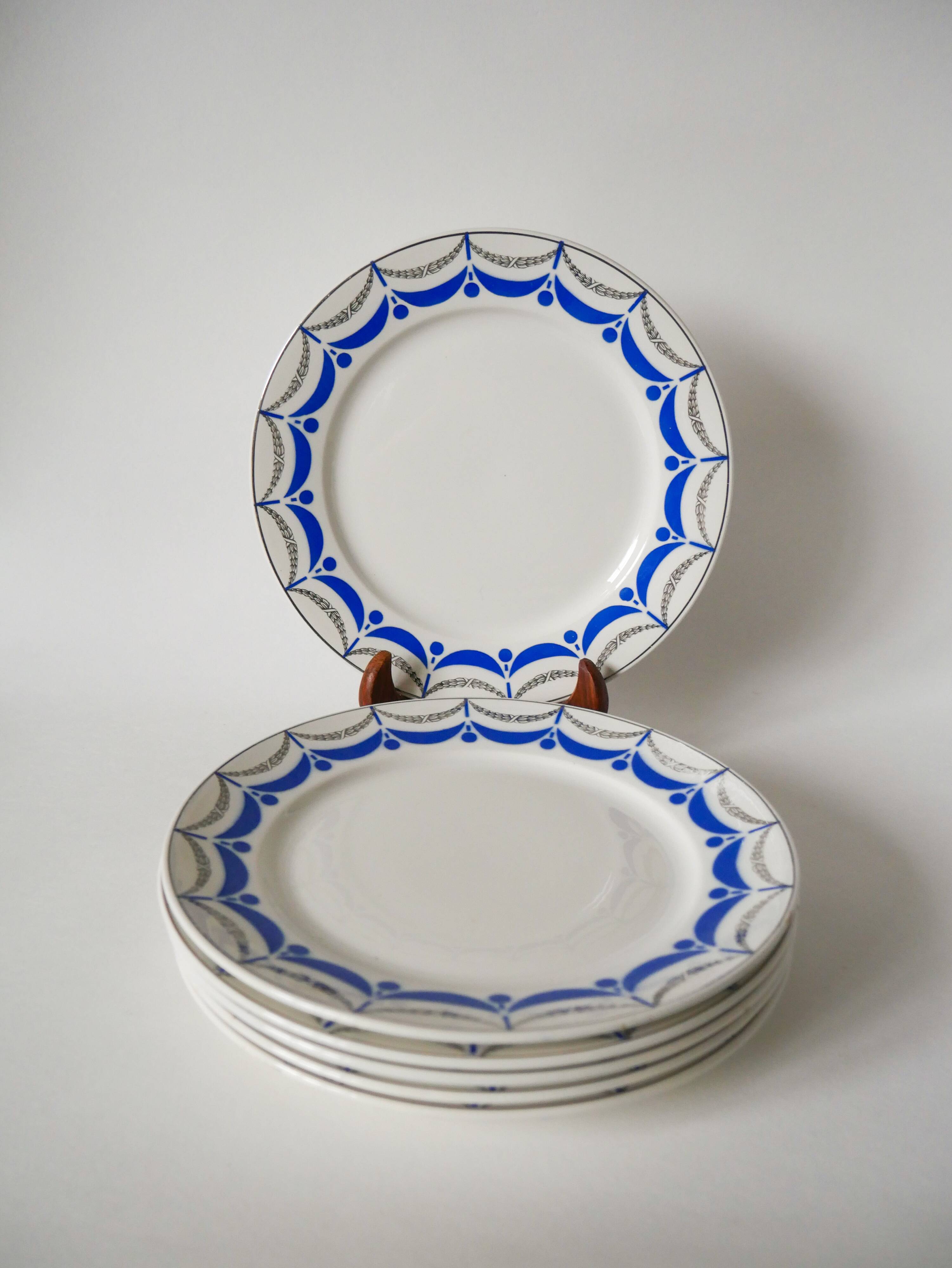 Set of 6 digoin sarreguemines flat plates blue and silver model "moulins" 1950