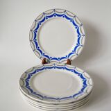 Set of 6 digoin sarreguemines flat plates blue and silver model "moulins" 1950
