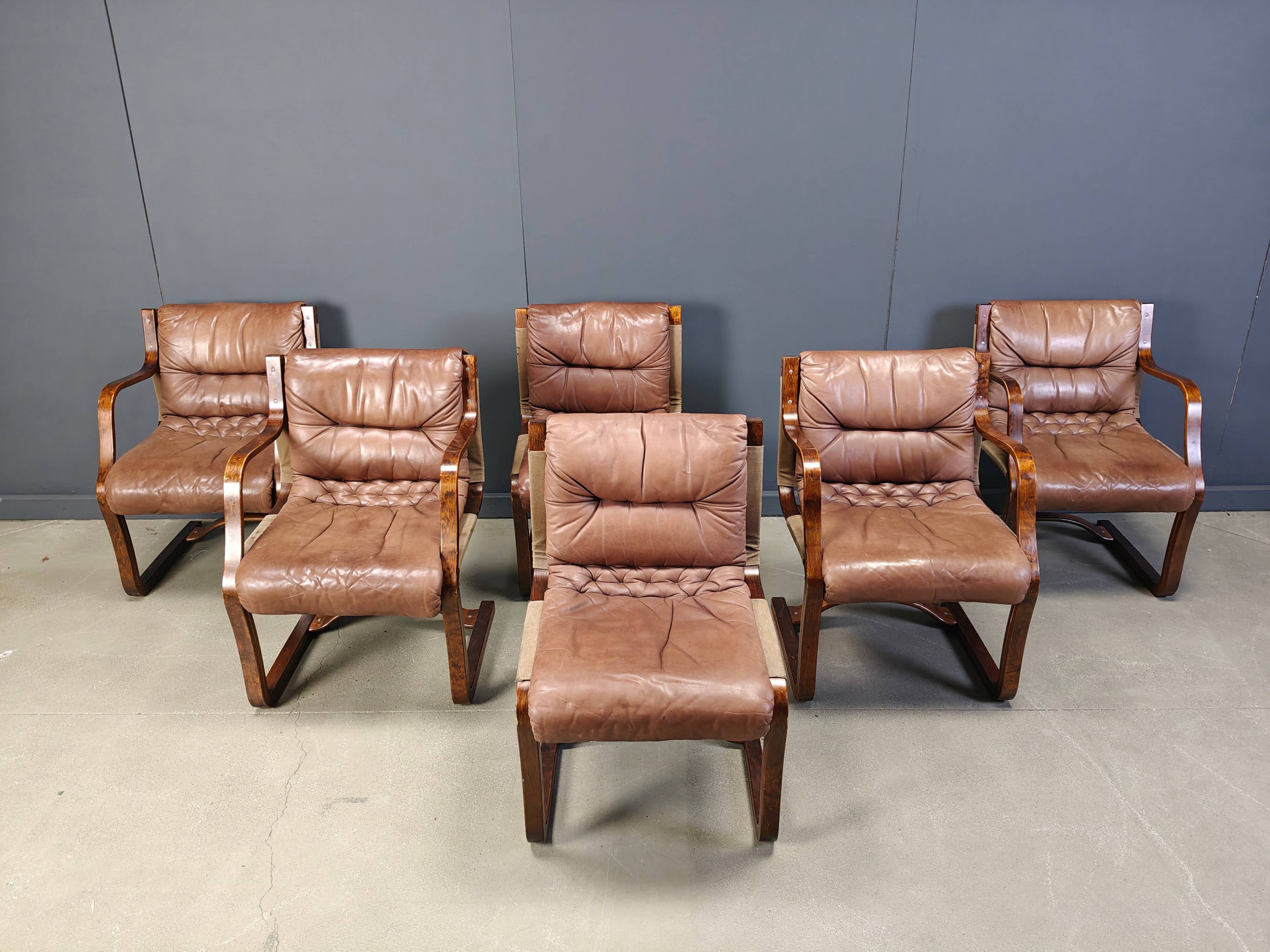 Asko Pajamies vintage leather plywood chairs from Finland, set of 6 - 1970s