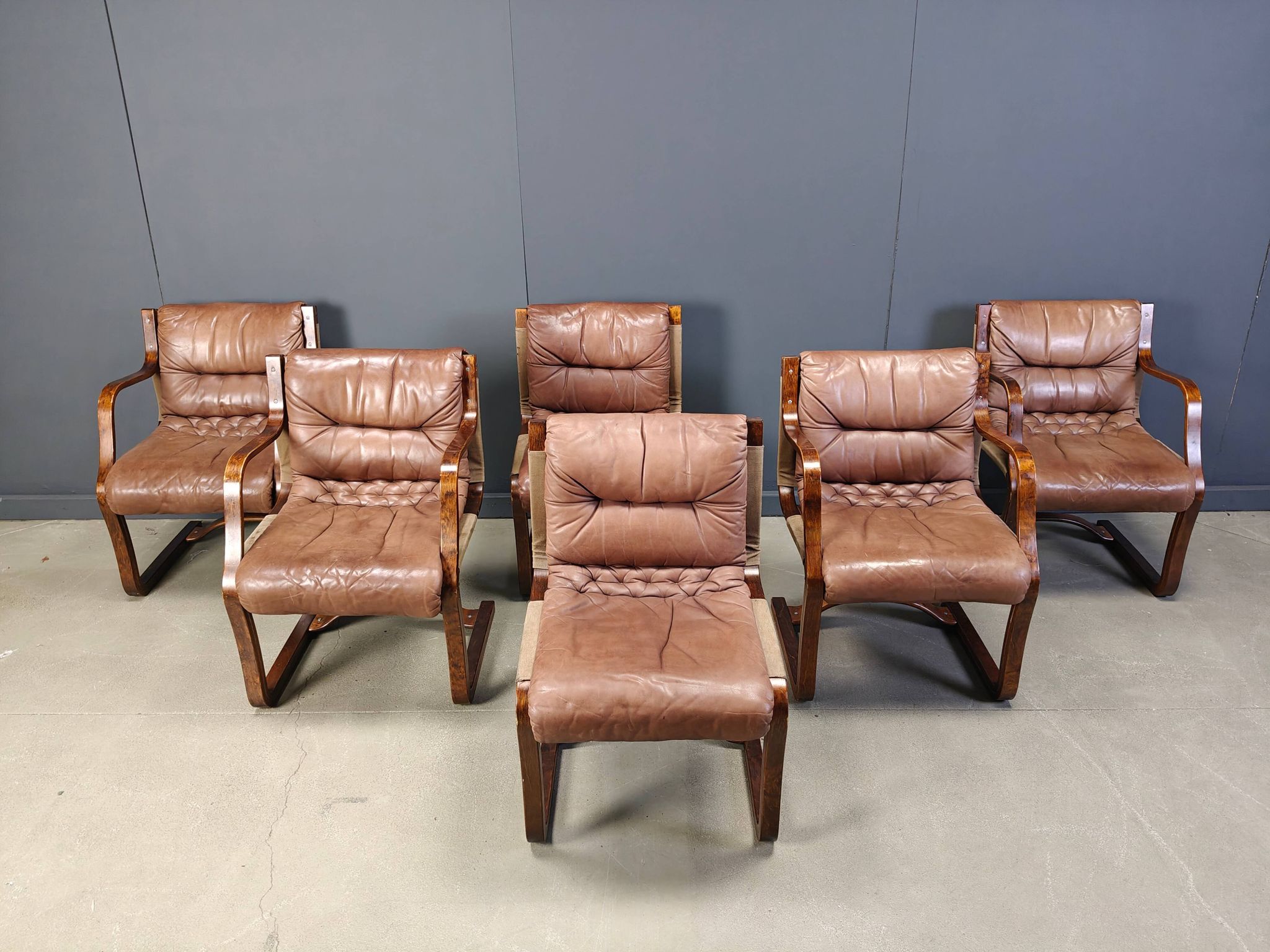 Asko Pajamies vintage leather plywood chairs from Finland, set of 6 - 1970s