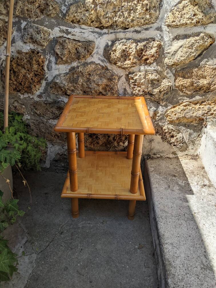 Vintage bedside table in bamboo effect wood, handcrafted in Japan style