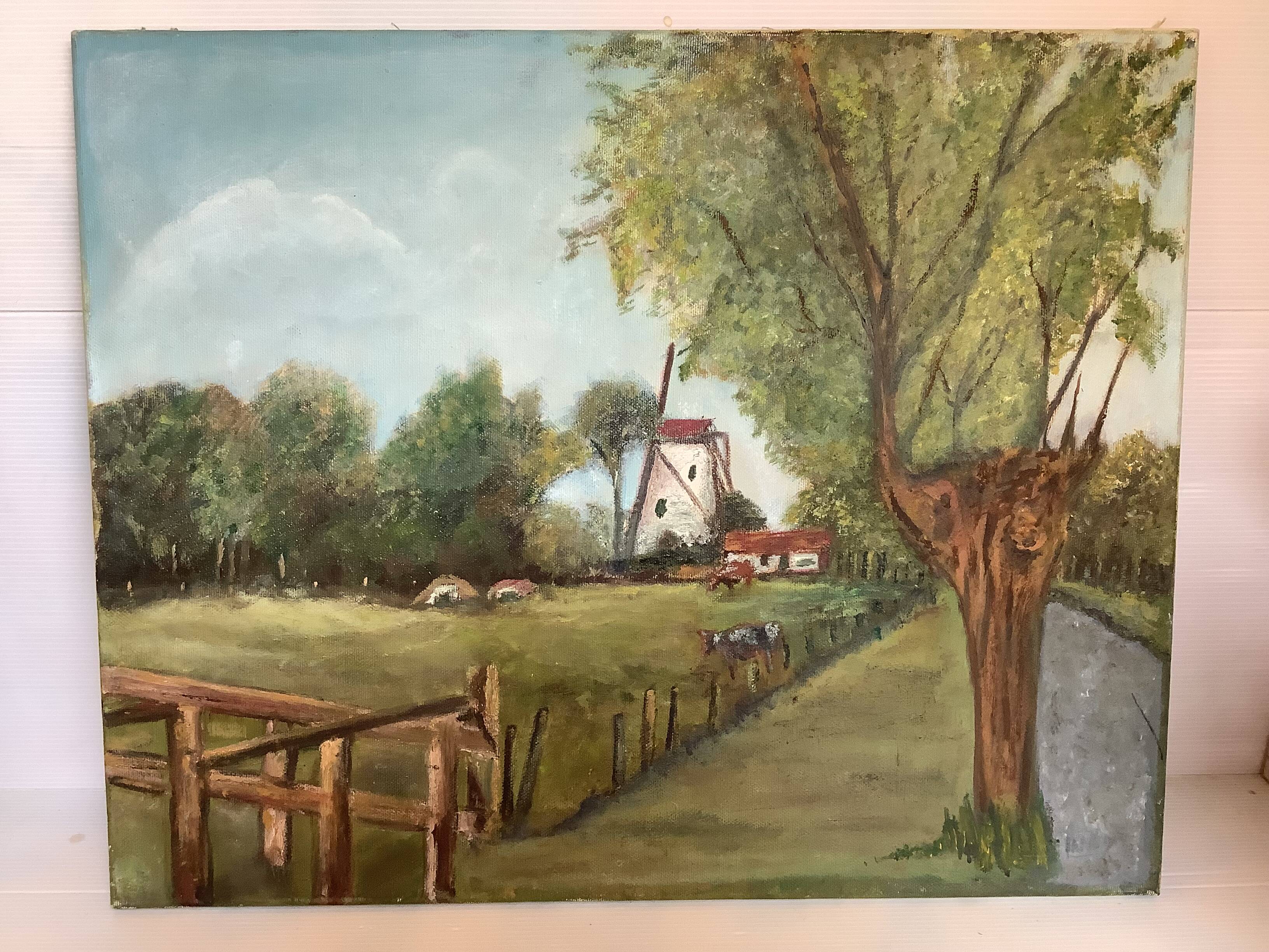 Landscape painting of a countryside windmill oil on canvas