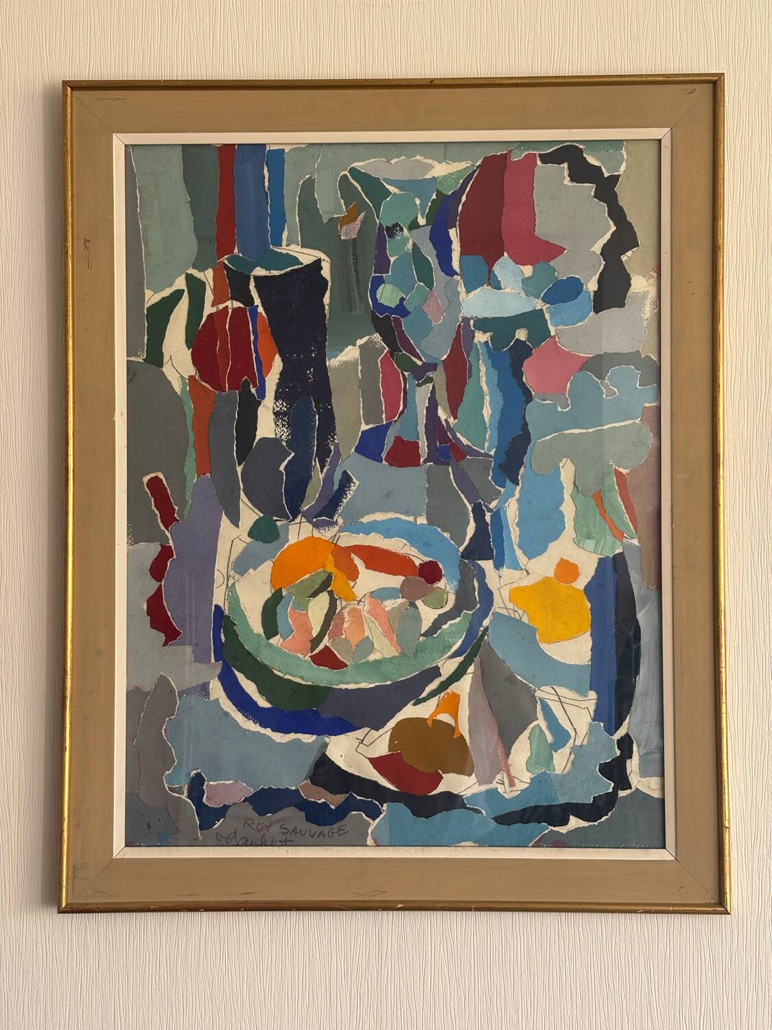 Tableau collage « le fouillis Bleu » signé