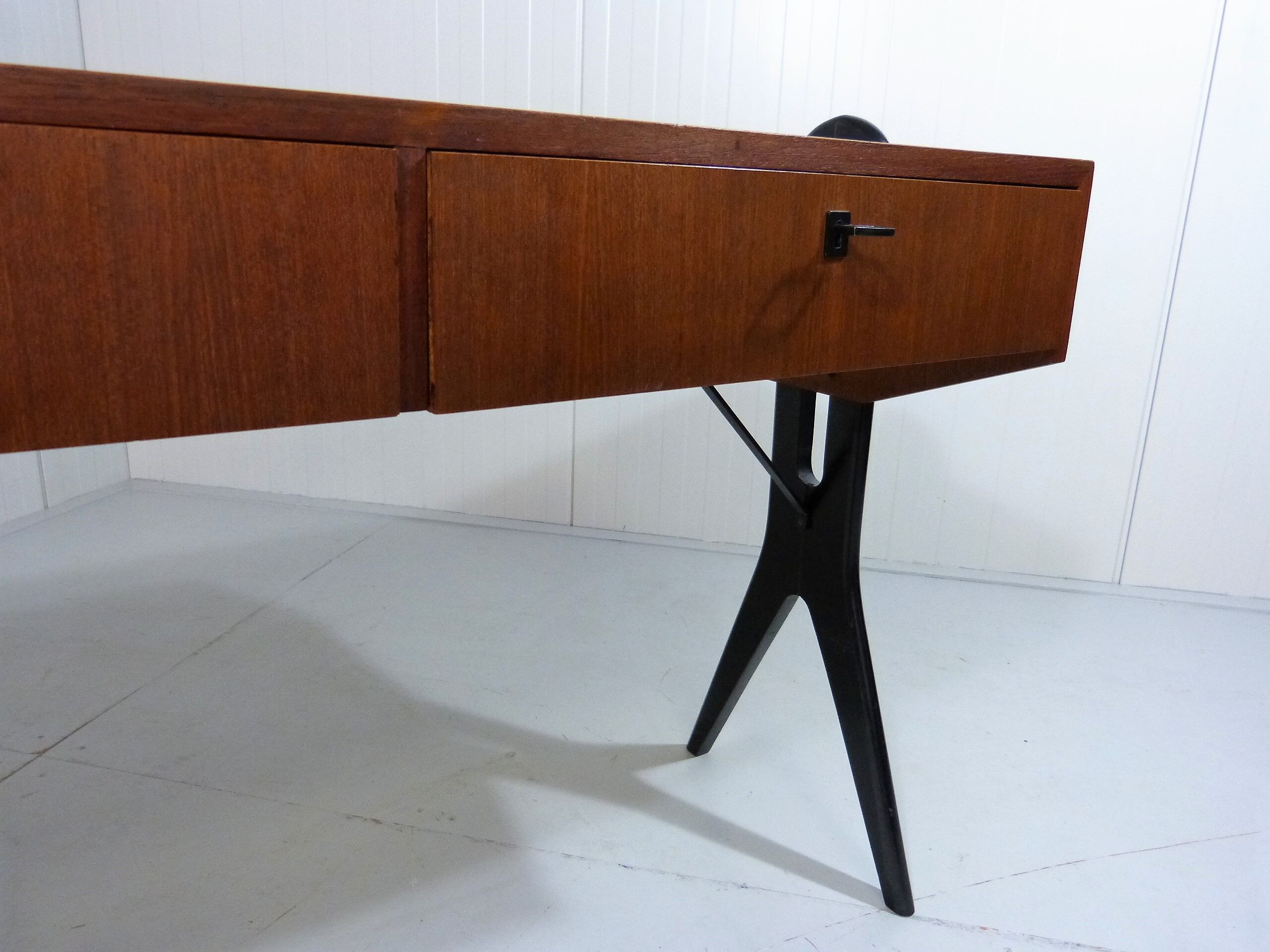 Vintage teak desk with black scissor legs 1960's