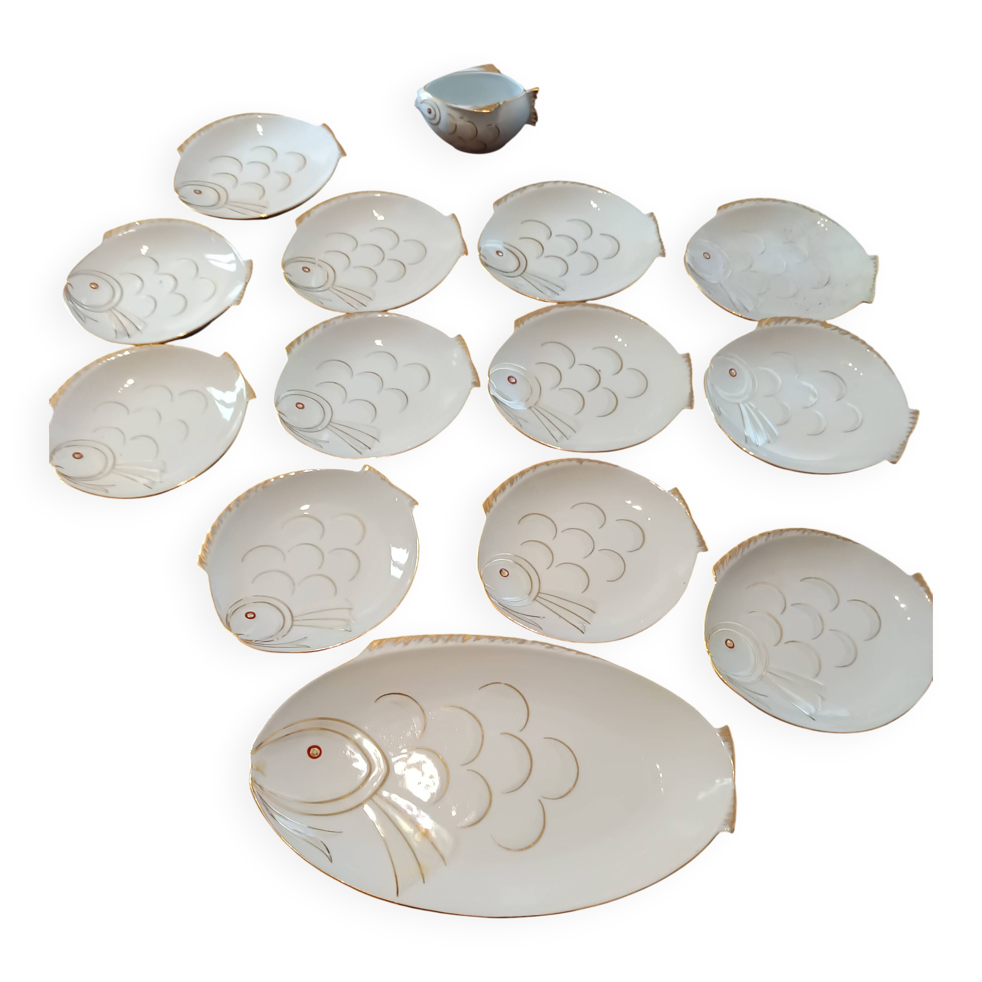 service à poisson 12 assiettes Limoges "Réva"  1940 peint à la main