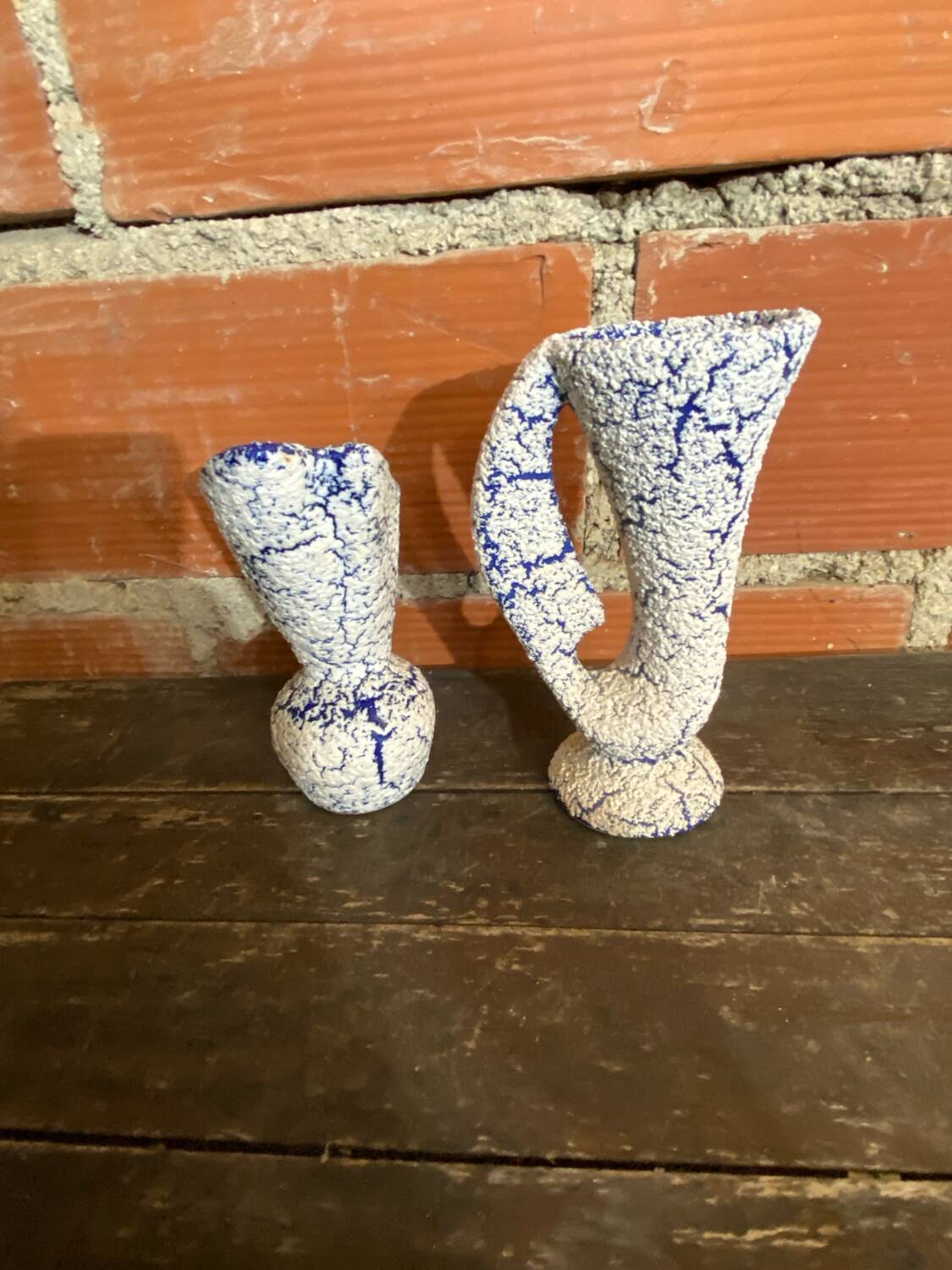 Pair of Snowstone Vases Ceramic White Blue France Vintage #D55
