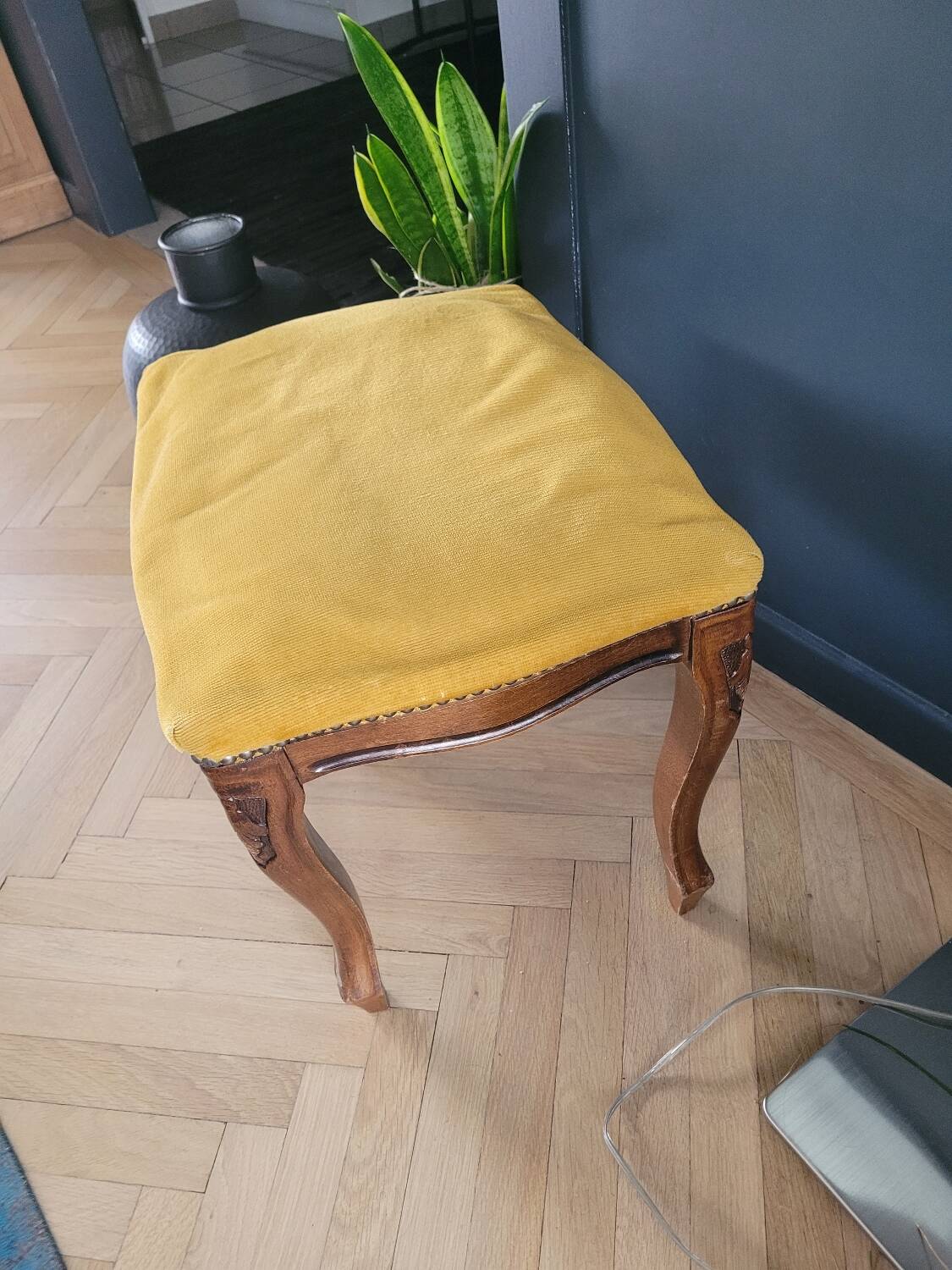 Antique wooden and velvet ottoman stool